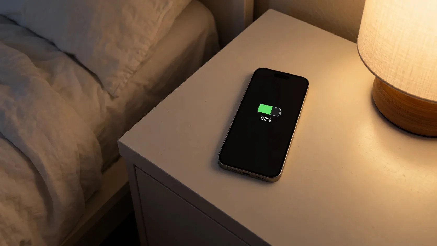 iPhone lying on a bedside table at night next to a lamp, lock screen showing 62% battery